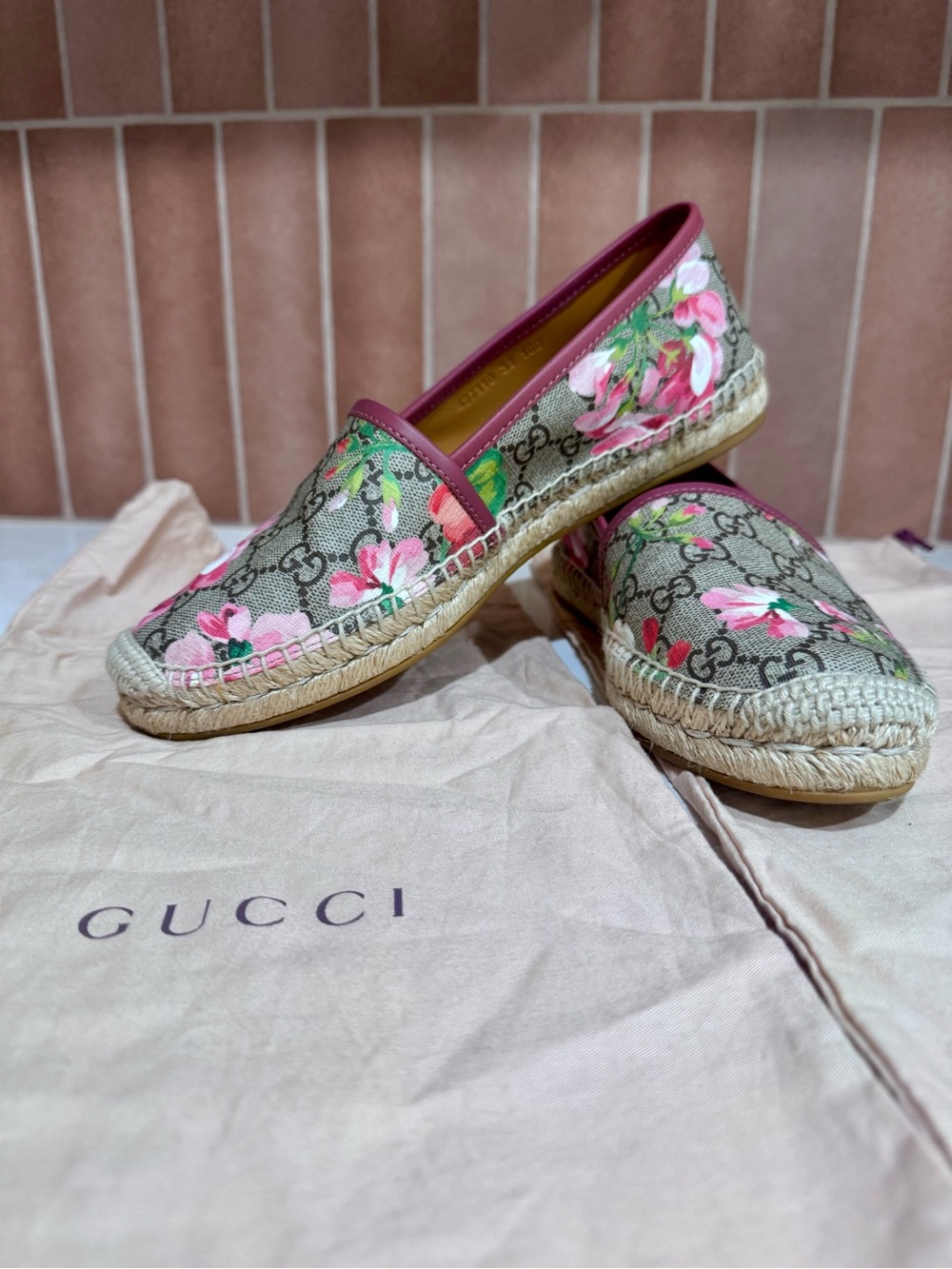Gucci Floral GG Canvas Espadrilles with Pink Trim
